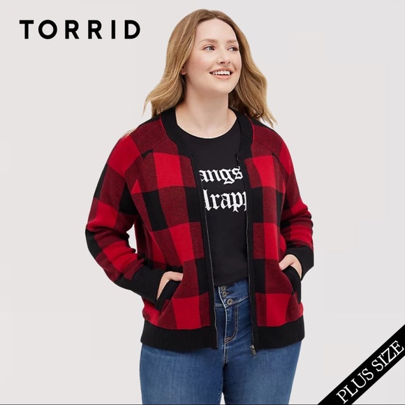 TORRID CARDIGAN ZIP UP BOMBER SWEATER PLAID - Picture 2 of 9